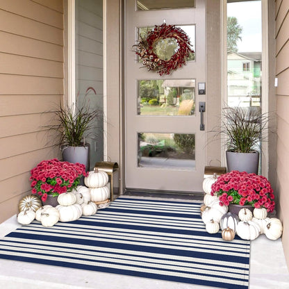 IOHOUZE Navy and White Striped Rug 3'x5' Front Door Rugs Outdoor, Washable Area Rug for Front Porch, Spring Summer Doormats Outdoor Indoor, Cotton Rugs for Entryway Porch Entrance