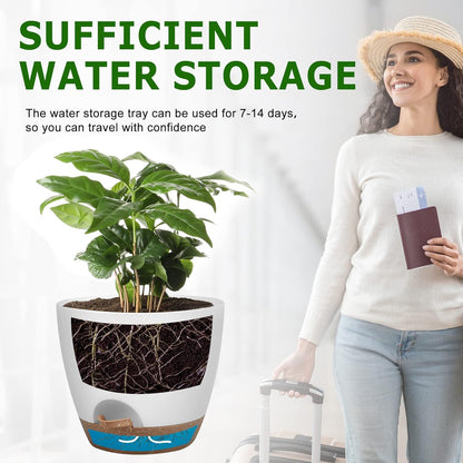 Plant Pots 10/9/8 Inch Self Watering Pots, Set of 3 Plastic Planters with Drainage Holes and Saucers,Plastic Flower Pots,Nursery Planting Pot for Indoor Out Door Plants（White）