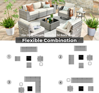 ovios 8 Pieces Patio Furniture Set, Outdoor Wicker Sectional Sofa with Swivel Chair Coffee Table, Modern Modular Deep Seat Rattan Couch Conversation Sets, Beige