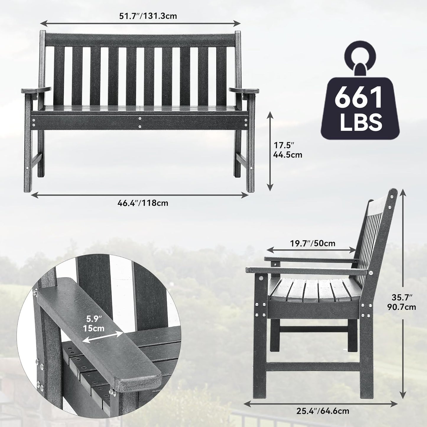 YITAHOME Garden Bench, All Weather Outdoor Bench for 2-3 Persons, Fade/Rot Resistance Patio Benches for Park, Porch, Patio & Backyard (Grey)