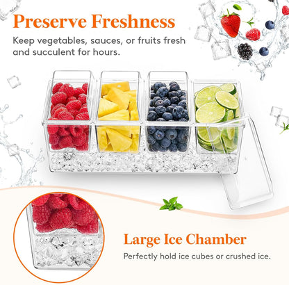 Lifewit Ice Chilled Condiment Caddy with 4 Containers(2.5 cup), Condiment Server with Separate Lids, Serving Tray Platter with Removable Dishes for Bar Accessories, Fruit, Salad, Taco, Party Garnish