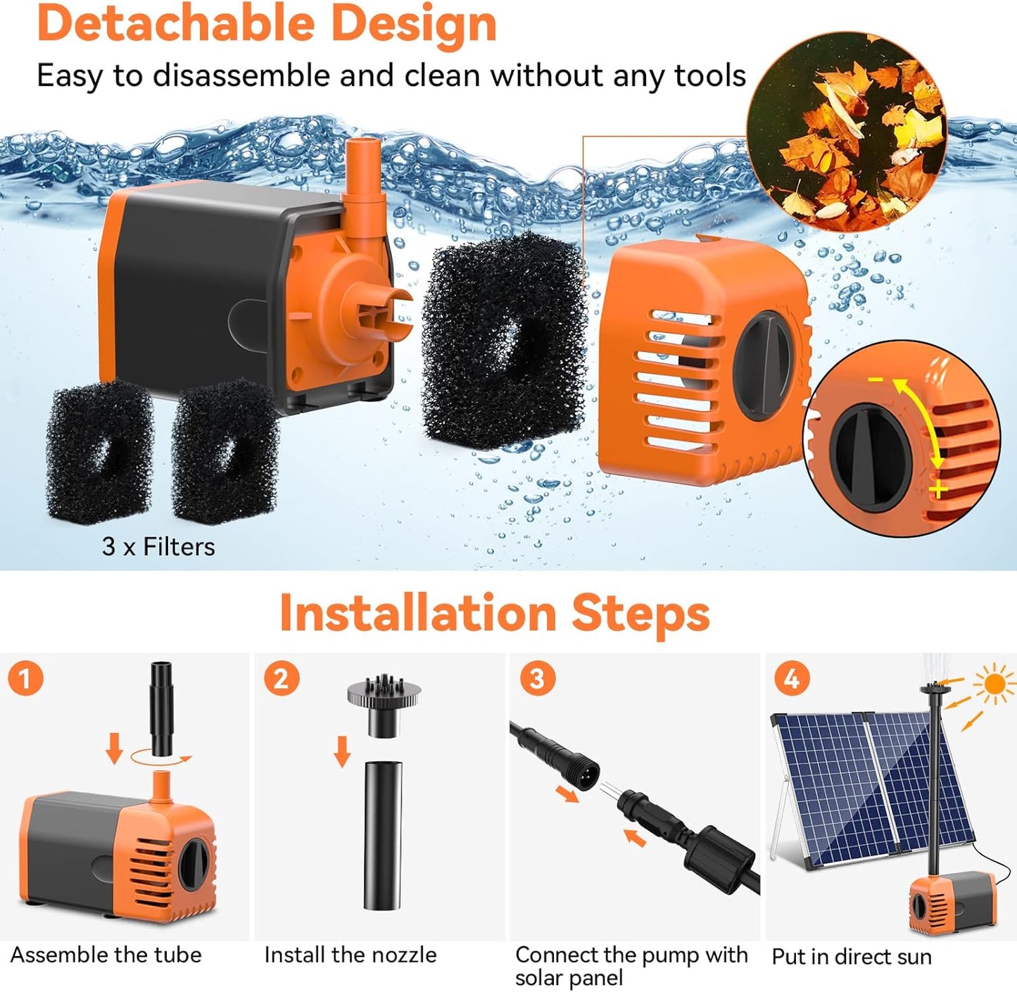 POPOSOAP Solar Fountain Pump 35 Watt, 480GPH Solar Water Pond Pump with PVC Tubing 4 Spray Heads 16.5ft Cable Length for Garden Pond Fountain Waterfall Hydroponics Pool