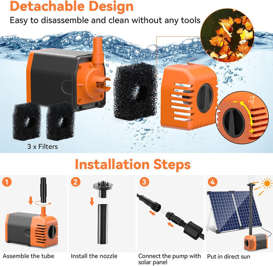 POPOSOAP Solar Fountain Pump 35 Watt, 480GPH Solar Water Pond Pump with PVC Tubing 4 Spray Heads 16.5ft Cable Length for Garden Pond Fountain Waterfall Hydroponics Pool