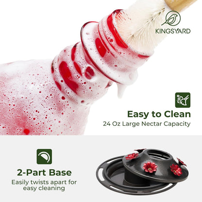 Kingsyard Glass Hummingbird Feeder - 6 Bee Guard Feeding Ports & Ant Moat, 24 oz Leak Proof, Wild Bird Feeder for Outdoors Hanging, Easy to Clean & Refill, Garden Yard Décor, Red & Blue