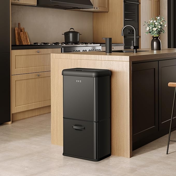 EKO Vintage 50L / 13.2 Gallon Motion Sensor Trash Can, Dual Compartment 32L + 18L Stainless Steel Kitchen Garbage Bin, Touchless Automatic Waste & Recycling Bin with Lid for Home Office, Matte Black