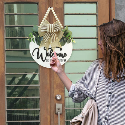3D Welcome Sign for Front Door |Home/Farmhouse Porch Décor Wooden Hanging Sign with Artificial Leaves and Rustic Beads | Christmas Classroom |12" Round|White