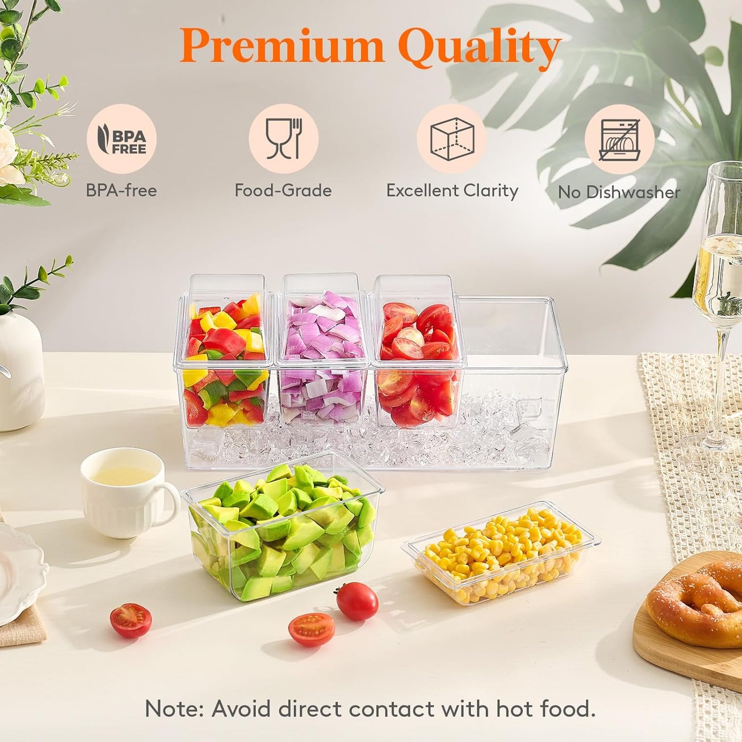 Lifewit Ice Chilled Condiment Caddy with 4 Containers(2.5 cup), Condiment Server with Separate Lids, Serving Tray Platter with Removable Dishes for Bar Accessories, Fruit, Salad, Taco, Party Garnish