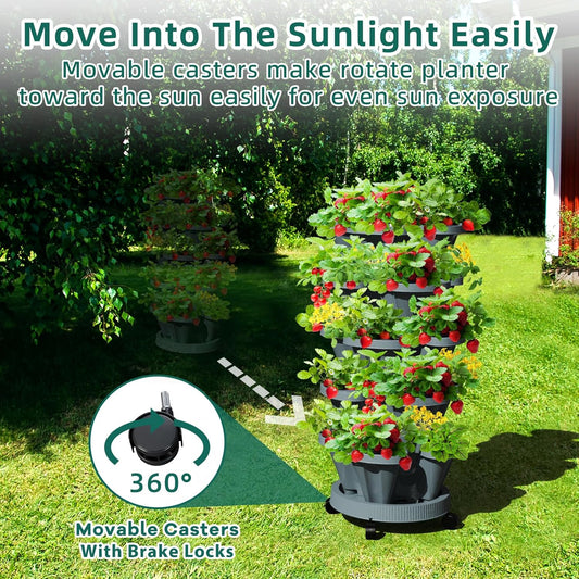 7 Tiered Strawberry Vertical Planters Tower Garden 2 Pack, Stacking Herb Vegetable Planter with Support Pole Indoor and Outdoor - Dark Grey
