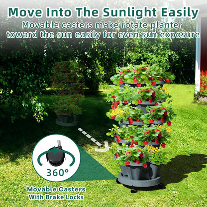 Strawberry Vertical Planter Tower Garden 2 Pack, 6 Tiered Stacking Planter with Support Pole, Stackable Herb Planter Indoor Outdoor Dark Grey