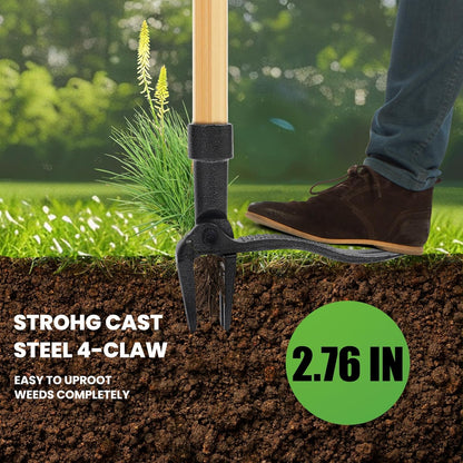 Weed Puller Tool Stand Up Weed Puller Tool with 3-Section Bamboo Handle & 4-Claw Steel Head Manual Weeder for Lawn and Garden (Bamboo)