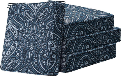 Square Corner Seat Cushions, 18.5" x 16" x 3", Set of 4, Indoor Outdoor Water Repellent Universal Chair Pads with Ties for Patio Furniture, Garden Deck Dining Chairs, Damask Blue Flower