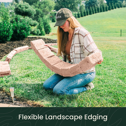 Beuta Landscape Edging | Garden Edging Border | Faux Stone Blocks for Lawn Edging, Flower Beds & Yard Edging – 4 Pack | Each Section Has 6 Blocks 48" L x 4" W x 6.5" H | 8 Spikes | Sandstone