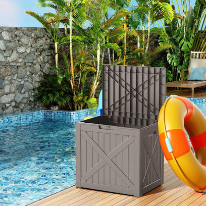 32 Gallon Resin Deck Box, Lockable Outdoor Storage Box for Patio Cushions Storage Furniture,Garden Tools, Pool Supplies, Weatherproof and UV Resistant (Grey X)