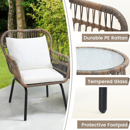 3 Pieces Rattan Wicker Bistro Set, Outdoor Conversation Set, Wicker Furniture Set with Glass Top Table, Space Saving for Balcony, Backyard, Natural