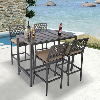 Outdoor Patio Bar Set, Bar Height Patio Dining Set, Weather-Resistant Bistro Counter Pub Set with Cushions & Slatted Tabletop for Backyard