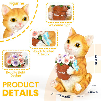 GIGALUMI Solar Garden Decor Flower Pot Cat Statues Outdoor, Birthday Gifts for Women Mom Grandma Senior Elder, Cat Ornament for Balcony, Garden, Patio, Yard, Lawn
