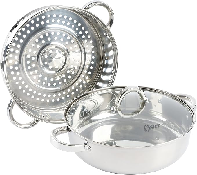 Oster Sangerfield 11-Inch Stainless Steel Everyday Cookware Pan with Steamer and Lid – Durable Nonstick Frying Skillet for Kitchen Cooking