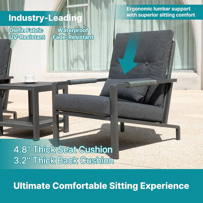 3 Piece Outdoor Bistro Set, Rattan Patio Furniture with Aluminum Frame & Coffee Table, Waterproof Cushion Fabric, High Elastic Sponge, Grey Terrace Patio Set
