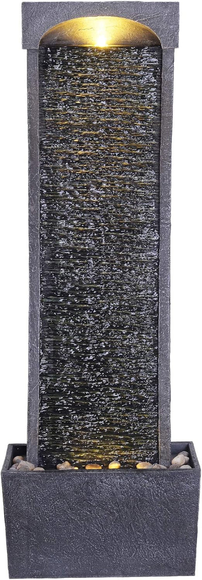 Teamson Home 38.58 in. Modern Curved Faux Slate Waterfall Fountain for Indoors or Outdoors with LED Light Accents and 1.98-Gallon Pump, Black and Stone Gray