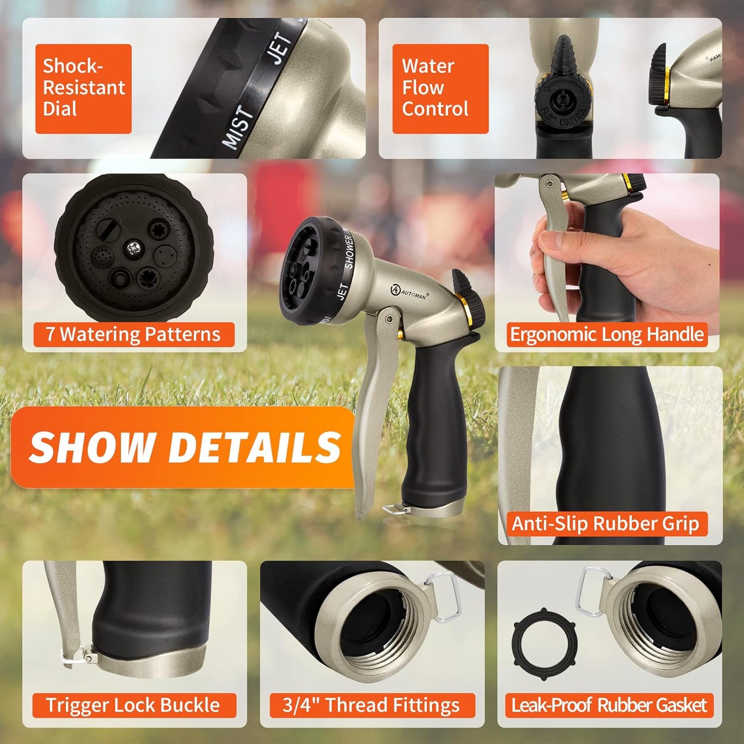 AUTOMAN Garden Hose Nozzle - 7 Patterns Sprayer, 100% Metal High Pressure Spray Nozzle, Labor-Saving Design, Heavy Duty Water Hose Nozzle for Garden Watering, Car Washing, Window Cleaning,Pets Bathing