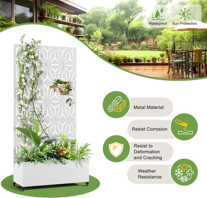 FENCY Metal Raised Garden Bed with Wheels and Trellis,73"x35"x16" Planter Box for Climbing Plants, Vegetables & Vines, Features Privacy Screen and Drainage Holes (White-Star)
