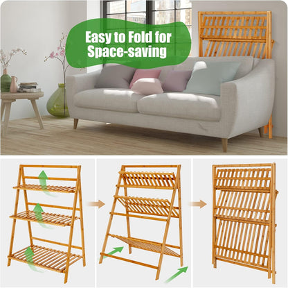 Giantex Bamboo Ladder Plant Stand, 3 Tier Folding Bamboo Plant Shelf, Foldable Flower Pot Display Shelf Rack, Multiple Plants Holder Organizer Storage Shelf for Indoor Outdoor Balcony Garden (Natural)