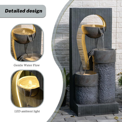 Outdoor Water Fountain for Patio & Garden, 41" Modern Stone-Look Fountain with LED Lights & Cascading Waterfall – UV-Resistant Freestanding Indoor/Outdoor Water Feature