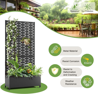 FENCY Metal Raised Garden Bed with Wheels and Trellis,73"x35"x16" Planter Box for Climbing Plants, Vegetables & Vines, Features Privacy Screen and Drainage Holes (Black-Brick)
