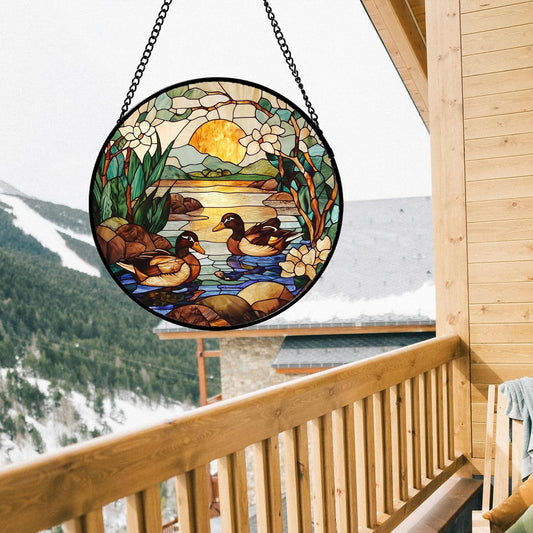 Stained Glass Window Hanging, Ducks in The Pond Sun Catcher for Door Home Decor Landscape Plant Suncatcher Christmas Mother's Day Birthday Gifts for Women Men Mom Nana 9.8 in