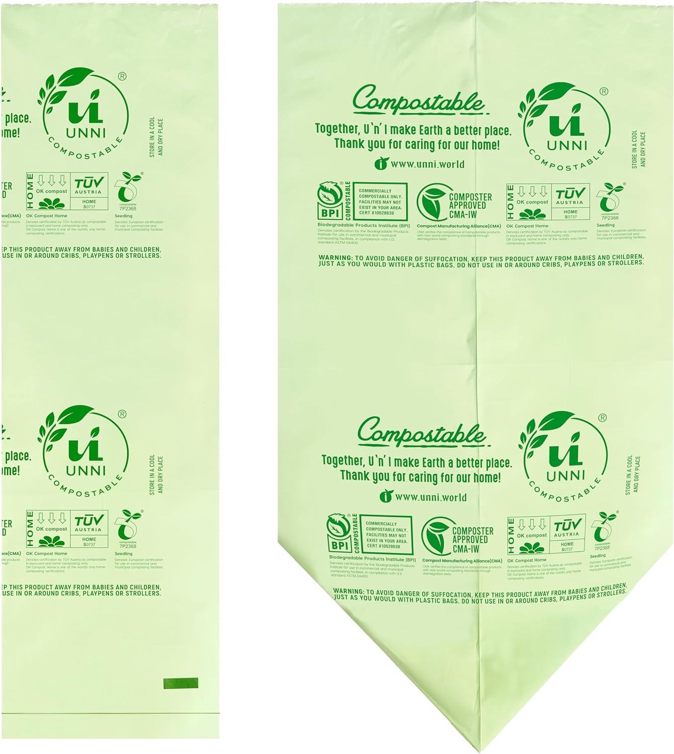 UNNI Compostable Trash Bags, 8 Gallon / 30 Liter, 50 Count, Extra Thick 0.85 mil Medium Kitchen Food Scrap Bin Liners, Certified by BPI, CMA & OK compost HOME, Meets the ASTM D6400 Standard