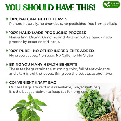 FreshDrinkUS, Premium 75 Nettle Leaf Tea Bags, 100% Natural & Pure from Nettle Leaves. Loose Leaf Nettle Herbal Tea. Nettle Leaf Tea. No Sugar, No Caffeine, No Gluten, Vegan.