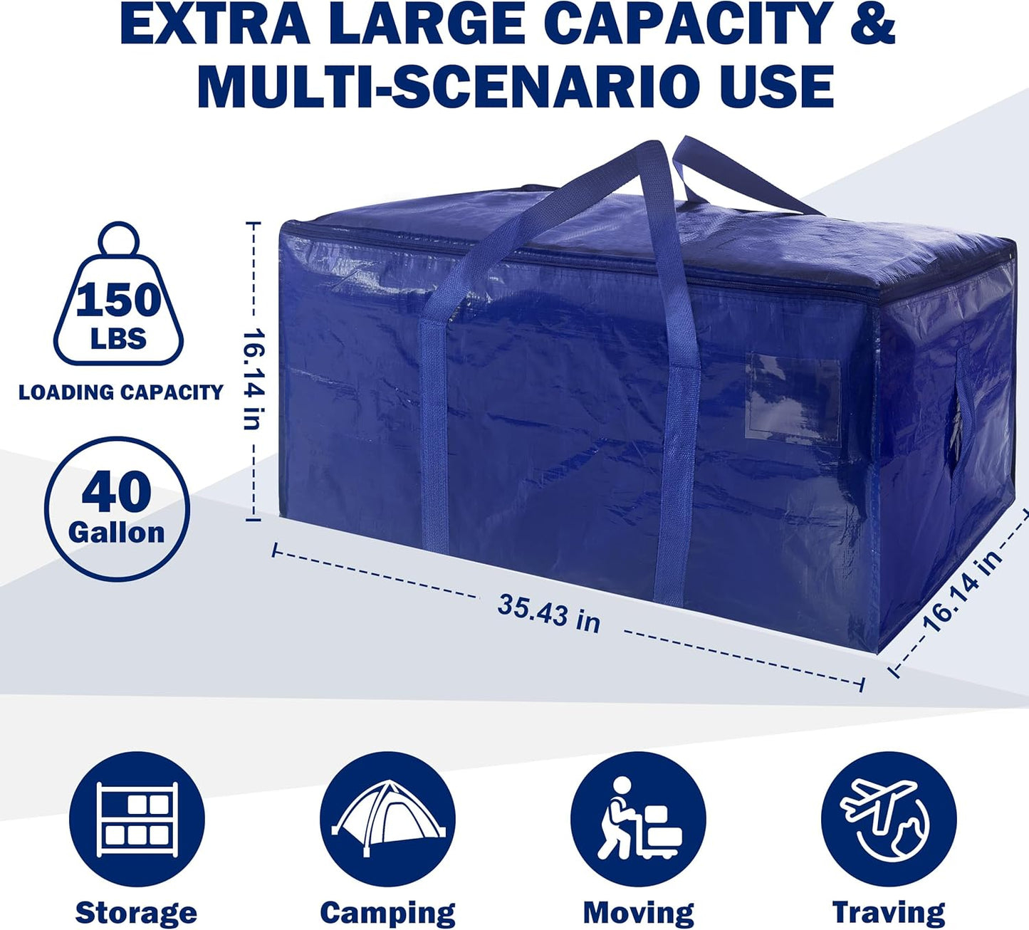 12 Pack Extra Heavy Duty Large Moving Bags with Strong Zipper & Carrying Handles, Sturdy Clothes Storage Bag Totes Bins, Packing Bags Moving Boxes College Moving Supplies, Dark Blue - 40 gal