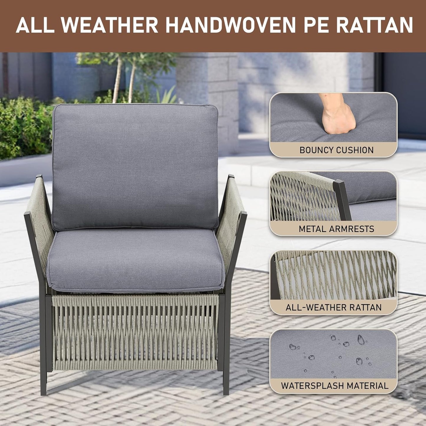 2 Pieces Wicker Bistro Set Chairs Patio Porch Furniture Sets, All-Weather PE Rattan Outdoor Conversation Set for Porch, Deck, Poolside, Bistro Chair Set with Removable Cushion-Beige