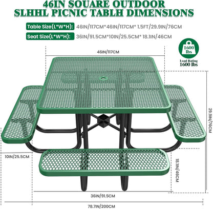 Heavy-Duty Park Bench or Table for Outside - Black Coated Outdoor Furniture Steel Bench, Commercial-Grade Outdoor Benches Weatherproof for Park, Patio, Porch (Green, 46” (Sq. Table))