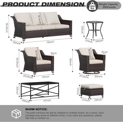Joyside Wicker Patio Furniture Sets, 6 Pieces Upgraded Large Size Outdoor Furniture with Patio Dining Chairs, 3-Seat Sofa and Outdoor Ottoman, Thick Cushions, Wide Armrest