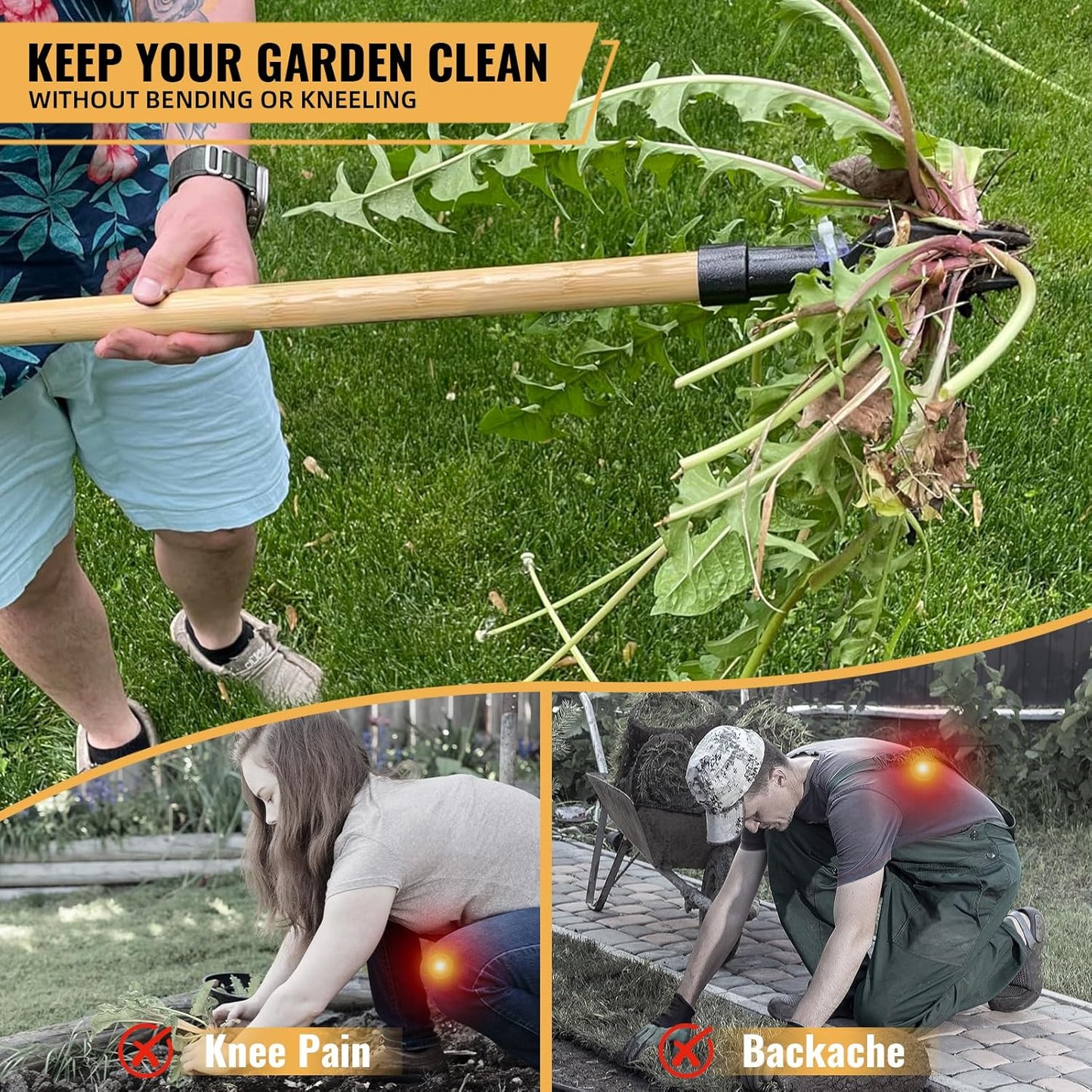 Weed Puller Tool, Stand Up Weed Remover Tool with Long Handle, 4-Claw Steel Head Manual Weeders, Gardening Hand Weeding Tools Without Bending, Pulling, or Kneeling