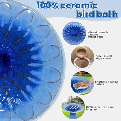 Ceramic Bird Bath for Outdoors – 18" H Birdbath Tool-Free Assembly, Hand-Glazed Earthenware with Non-Slip Bowl, Weather-Proof Sturdy Pedestal Design, Garden Decor (Blue)