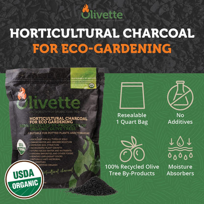 Olivette Horticultural Biochar Activated Charcoal for Plants, USDA Organic Moisture Control for Terrarium Trees & Potted Plants, Eco-Conscious, 3 Bags