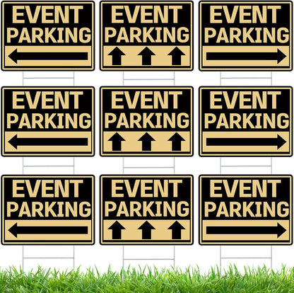 Juexica 9 Pieces 16 x 12 Inches Outdoor Event Parking Signs with Arrow Corrugated Plastic Yard Double Sided Event Signs Outdoor Directional Guest Parking(Black and Gold)