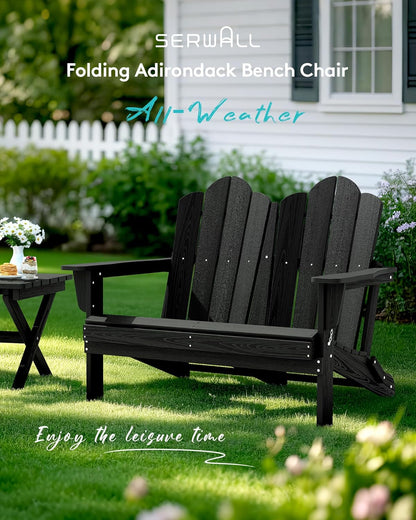 SERWALL 2 Person Adirondack Loveseat, HDPE All-Weather Folding Adirondack Bench Chair, Outdoor Adirondack Chair Set of 4, Black