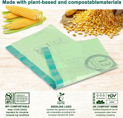 13 Gallon,50 Count, Compostable Trash Bags with Drawstring,Tear Resistant Kitchen Food Scrap Waste Bag, ASTM D6400, US BPI and Europe OK Compost Home Certified