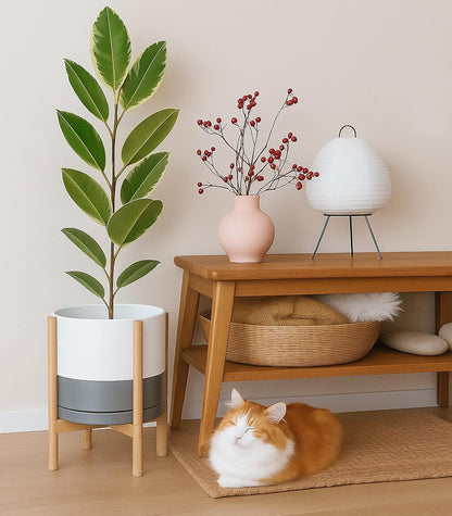 D'vine Dev Ceramic Planter with Natural Stand - 12 Inch Modern Round Flower Pot with Wood Planter Holder, White/Grey, 55-B-J-6