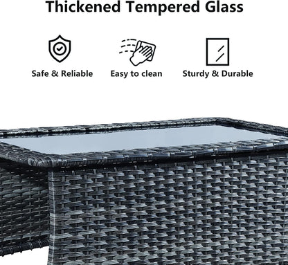 Patio Tables Wicker Coffee Table - Outdoor Rattan Coffee Tables with Glass Top for Patio Proch Deck Balcony Rectangle Mixed Grey