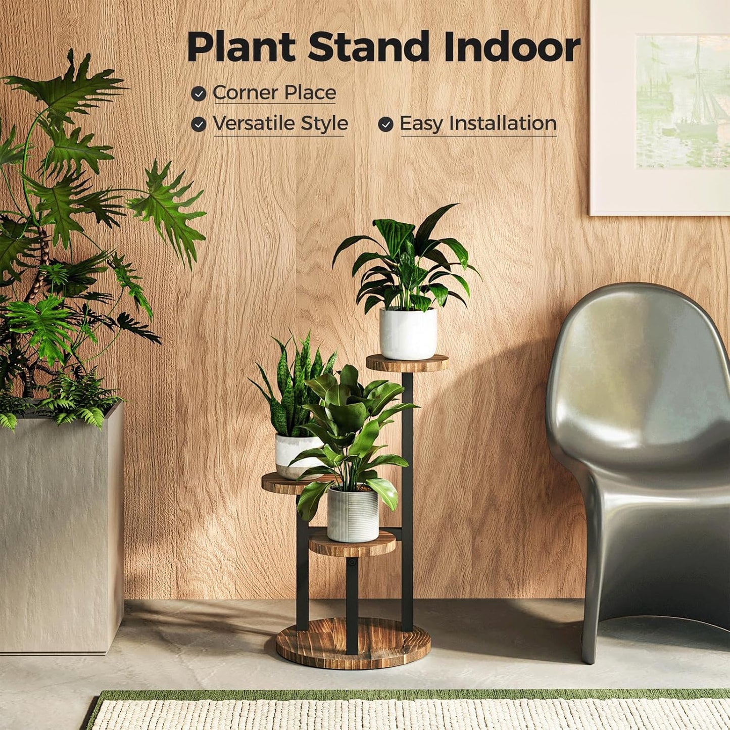 Bamworld 3 Tier Plant Stand Indoor, Tall Metal Wood Plant Shelf Outdoor,Small Flower Pot Holder Table Rack Garden Accessories for Corner Living Room Balcony Patio