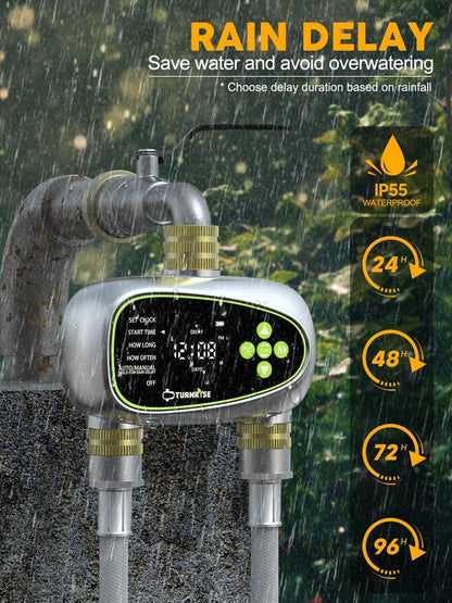 Water Timer for Garden Hose - 2 Zone Sprinkler Controller with Soil Moisture Sensor, Rain Delay & Brass Inlet Programmable Hose Timer, Automatic Drip Irrigation System for Yard Lawn Greenhouse