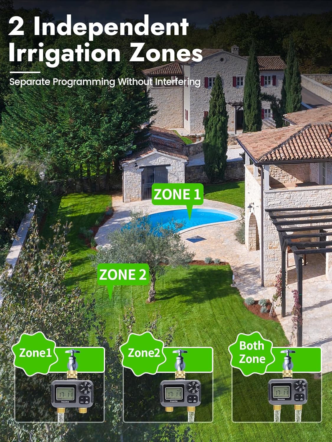 Insoma 2-Zone Water Timer Brass Inlet/Outlet, Programmable Outdoor Hose Faucet Timers with Auto/Manual Modes + Rain Delay, Waterproof Sprinkler Timer for Garden, Lawn, Yard, Pool | Save Water & Money