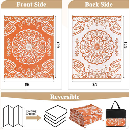 Pauwer Waterproof Outdoor Rug 8x10, Reversible Plastic Straw Patio Camping Rug, Indoor Outdoor RV Mat Carpet for Deck, Camper, Porch, Balcony, Backyard, Picnic, Boho Orange