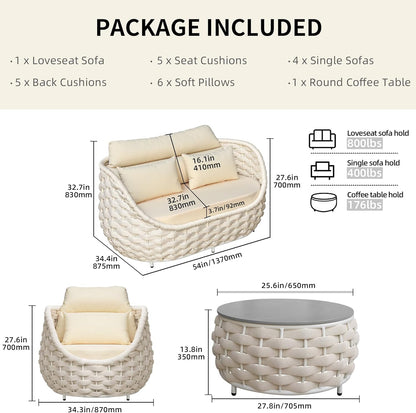 6-Piece Aluminum Patio Furniture Set, Olefin Rope Modern Outdoor Conversation Set Sectional Sofa with Water Repellent Thick Cushions and Coffee Table for Balcony, Garden, Beige