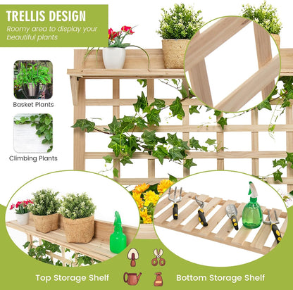 S AFSTAR Raised Garden Bed with Trellis, 41.5x16x54in Mobile Elevated Planter Box with Wheels, Bed Liner, Top/Bottom Storage Shelves, Freestanding Wood Planter Stand for Garden Patio Balcony