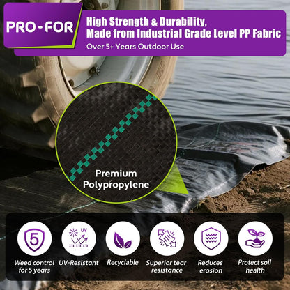 Heavy Duty Weed Barrier Fabric 4ft x 50ft, Landscape Ground Cover for Gardens & Driveways, Premium Weed Control with 10 U Shaped Staples